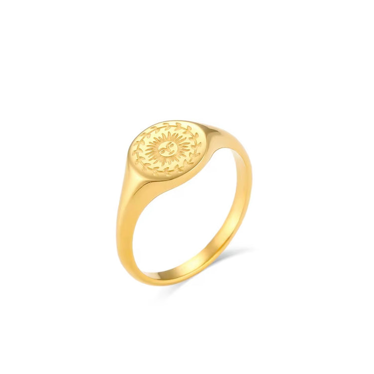 The Sun Goddess Ring features a stunning etched sun design, symbolizing life, energy, and positivity. This motif represents new beginnings, inner strength, and a connection to the divine. Elevate your style and embrace powerful energy with this beautiful ring.
Stainless Steel 18K Gold PVD Plated - Made to last!
Hypoallergenic, Tarnish free 