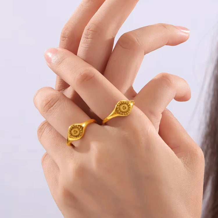 The Sun Goddess Ring features a stunning etched sun design, symbolizing life, energy, and positivity. This motif represents new beginnings, inner strength, and a connection to the divine. Elevate your style and embrace powerful energy with this beautiful ring.
Stainless Steel 18K Gold PVD Plated - Made to last!
Hypoallergenic, Tarnish free 