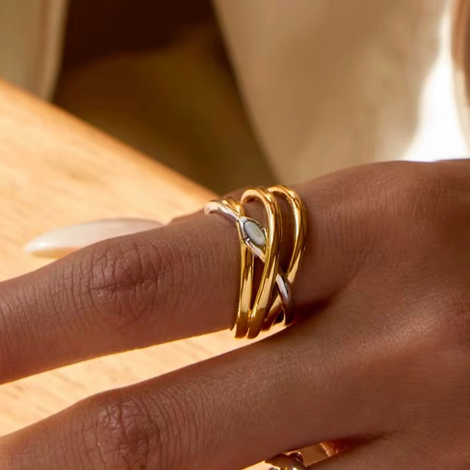 Mailey two tone gold and silver fashion ring with sculptural wrap design, non-tarnish and waterproof stainless steel jewelry