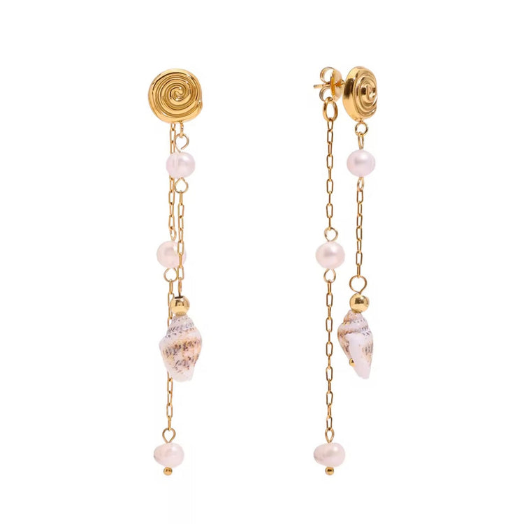 Gold spiral earrings with freshwater pearls and conch shell charm