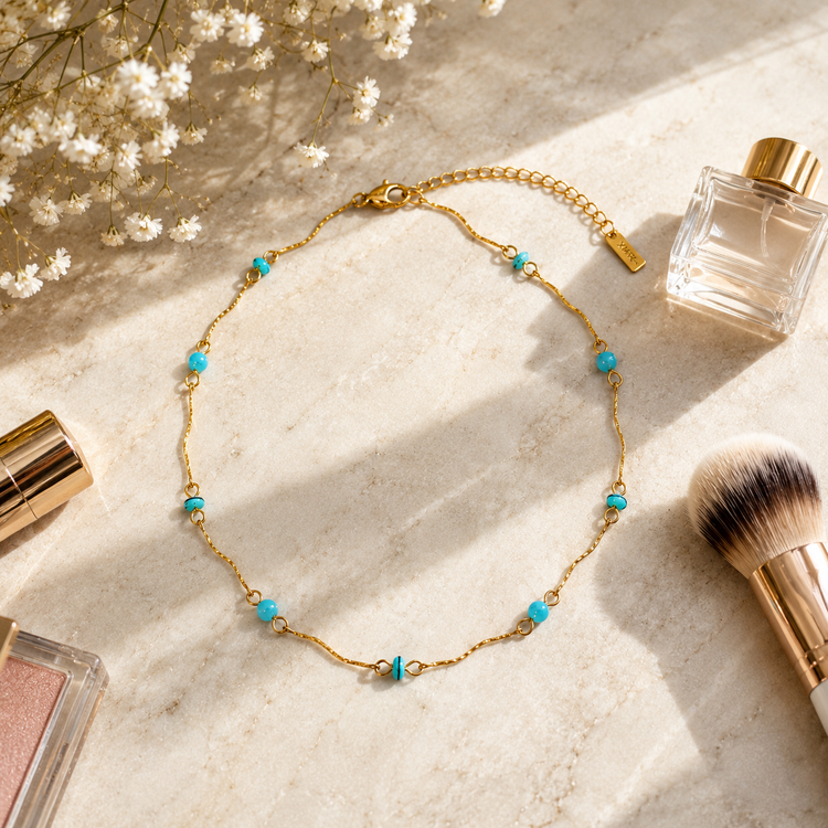 Waterproof gold necklace featuring turquoise beads