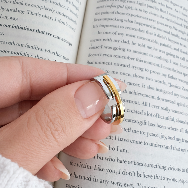 Close-up of Stacy ring showing gold and silver mixed metal design