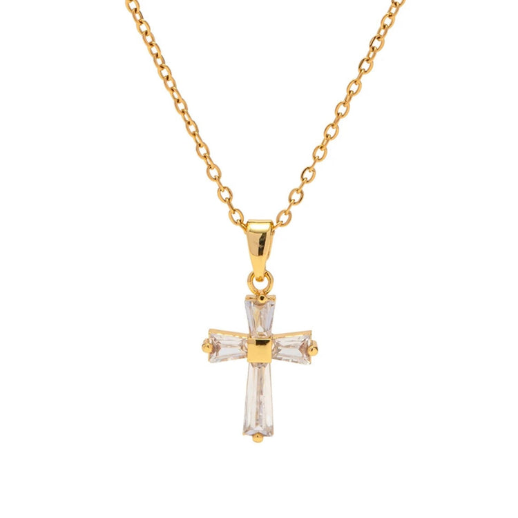 Front view of the Vintage Rhinestone Cross Necklace featuring baguette-cut rhinestones in an 18K gold PVD plated stainless steel setting