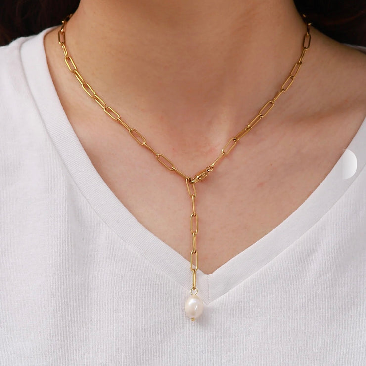 Paperclip Pearl Y Shaped Necklace