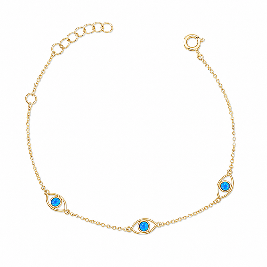 14K gold plated sterling silver blue opal evil eye bracelet on white background