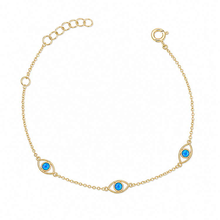 14K gold plated sterling silver blue opal evil eye bracelet on white background