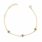 14K gold plated sterling silver blue opal evil eye bracelet on white background