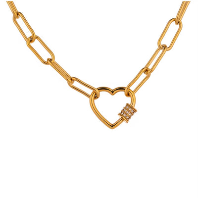 Upgrade your look with the modern and stylish Caroline Heart Pendant Chain Necklace. Featuring a large paperclip design and a perfect length for stacking, this must-have accessory is a timeless addition to any outfit. This  necklace adds the perfect touch to any ensemble.

19 inches long + 2 inches ext 

Heart Pendant .75" wide

18K PVD gold plated stainless steel

Non Tarnish And Water Resistant



 

 

 