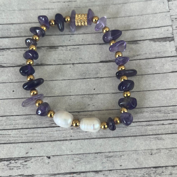 Amethyst & Pearls Accent Stretch Handmade Bracelet