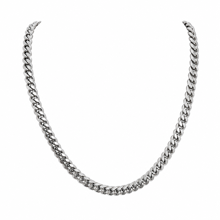 8mm silver Cuban chain necklace on white background