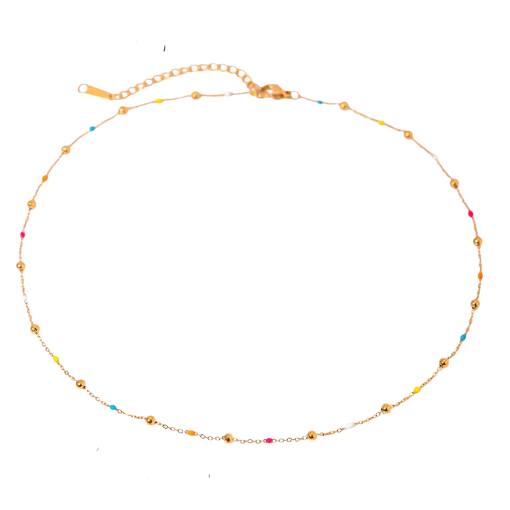 Add a pop of color to your summer look with our super dainty Colorful Enamel Small Beads Chain! Not only does it scream summer, but it's also water resistant and won't tarnish. Stay stylish all season long!

Made to last! Tarnish and Water Resistant, Hypoallergenic



16 inches long + 2 inches ext 

Closure :Lobster Clasp



18k Gold PVD Plated over 316L Stainless Steel base.  



