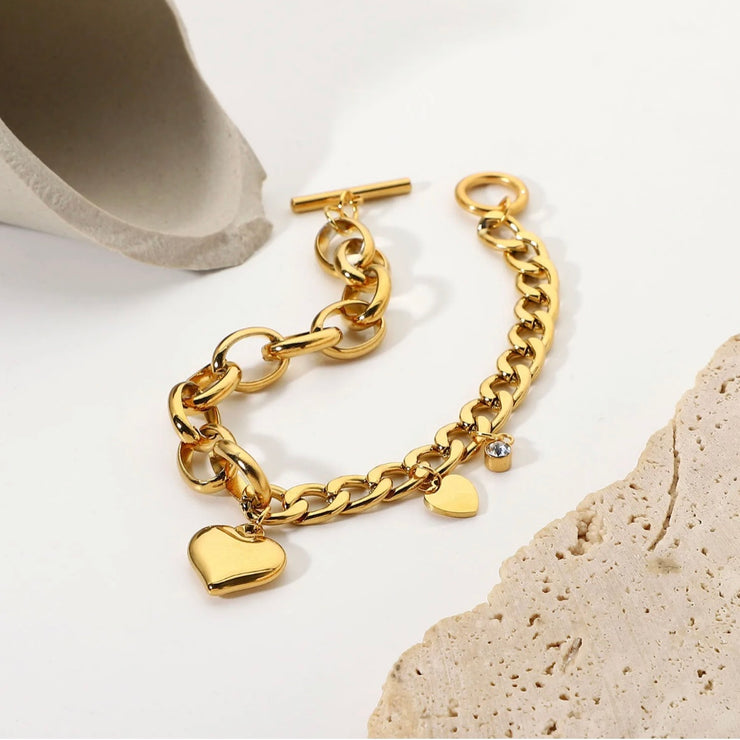 Two Hearts Chunky Cuban Chain Bracelet