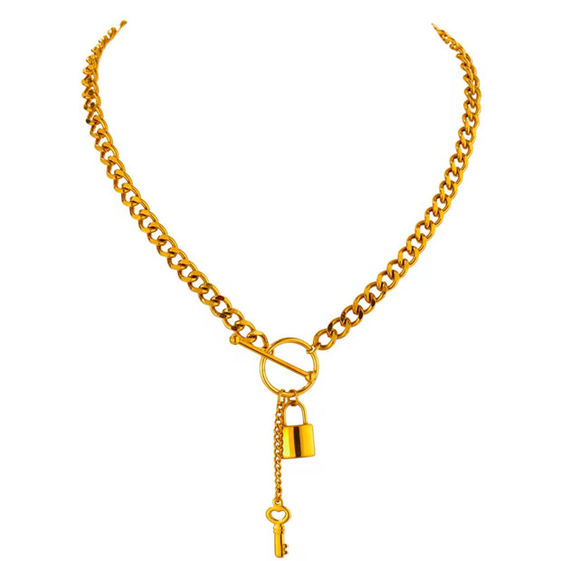 Add a touch of edge to your look with our Lock & Key Chain Necklace. The thick cuban link design is both bold and stylish, while the unique lock and key feature adds a touch of romance. A must-have statement piece for any fashionista.

Made to last! 

Tarnish and Water Resistant, Hypoallergenic

 

18 inches long 

 

18k Gold PVD Plated over 316L Stainless Steel base.  

 

 