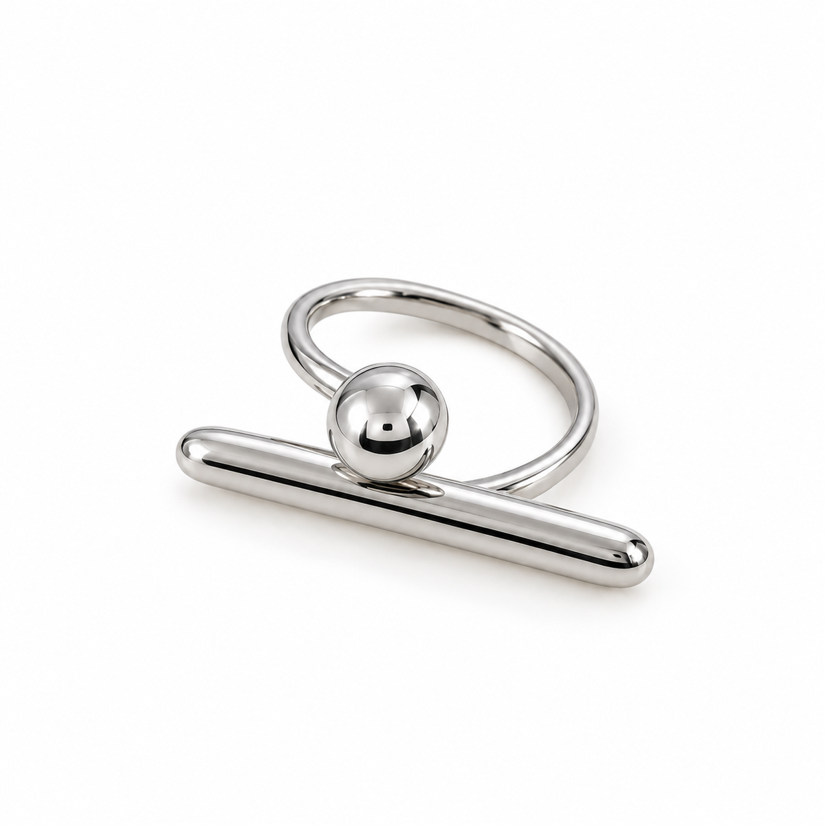 Silver geometric ring with polished curved bar and round detail