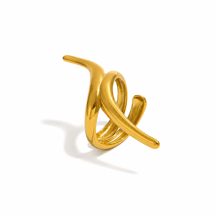 Close-up of Mavis sculptural open ring in 18K gold PVD