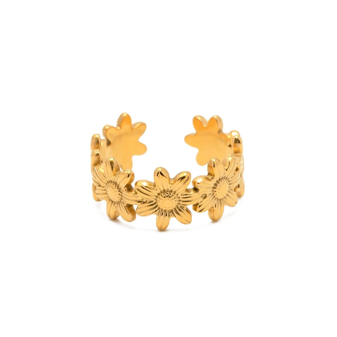 ring summer vibes to your style with our Flowers Open Ring! Made with love and non-tarnish materials, this ring is perfect for adding a fun touch to any outfit. Feel confident and carefree with this must-have accessory.

Metal: 18K Gold over Stainless Steel&nbsp;

Size: Adjustable