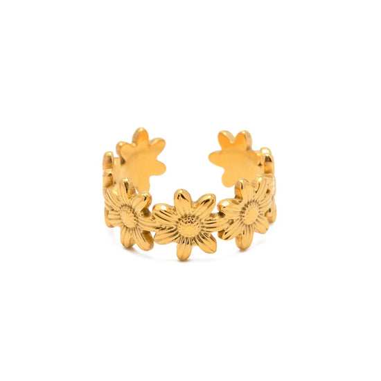 ring summer vibes to your style with our Flowers Open Ring! Made with love and non-tarnish materials, this ring is perfect for adding a fun touch to any outfit. Feel confident and carefree with this must-have accessory.

Metal: 18K Gold over Stainless Steel&nbsp;

Size: Adjustable