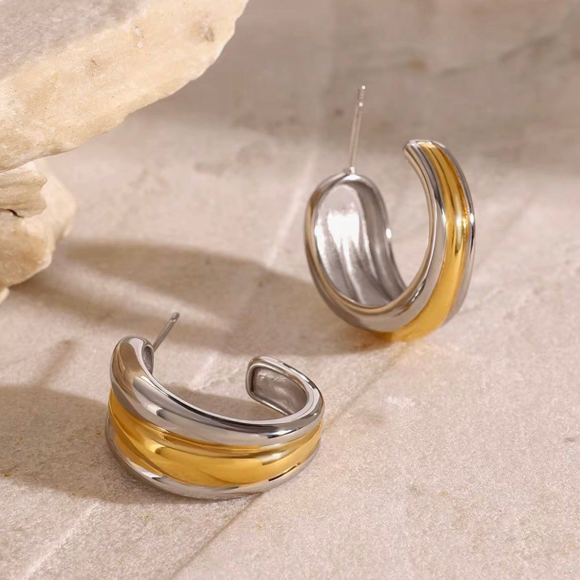 Morgan two tone chunky hoop earrings in gold and silver stainless steel, non-tarnish and waterproof fashion jewelry