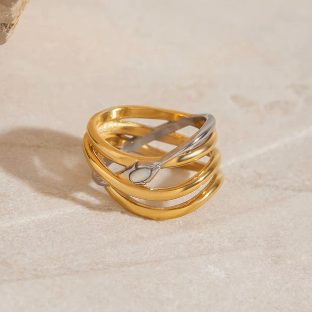 Mailey two tone gold and silver fashion ring with sculptural wrap design, non-tarnish and waterproof stainless steel jewelry