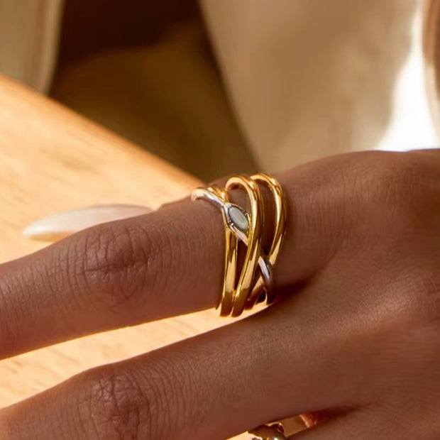 Mailey two tone gold and silver fashion ring with sculptural wrap design, non-tarnish and waterproof stainless steel jewelry