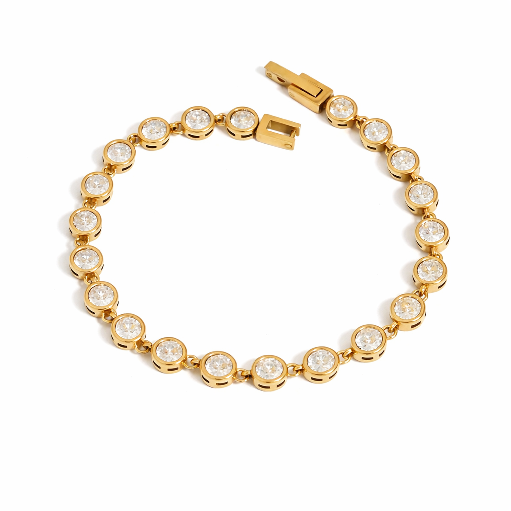 Gold Railey Rhinestone Bracelet with clear round rhinestones on white background