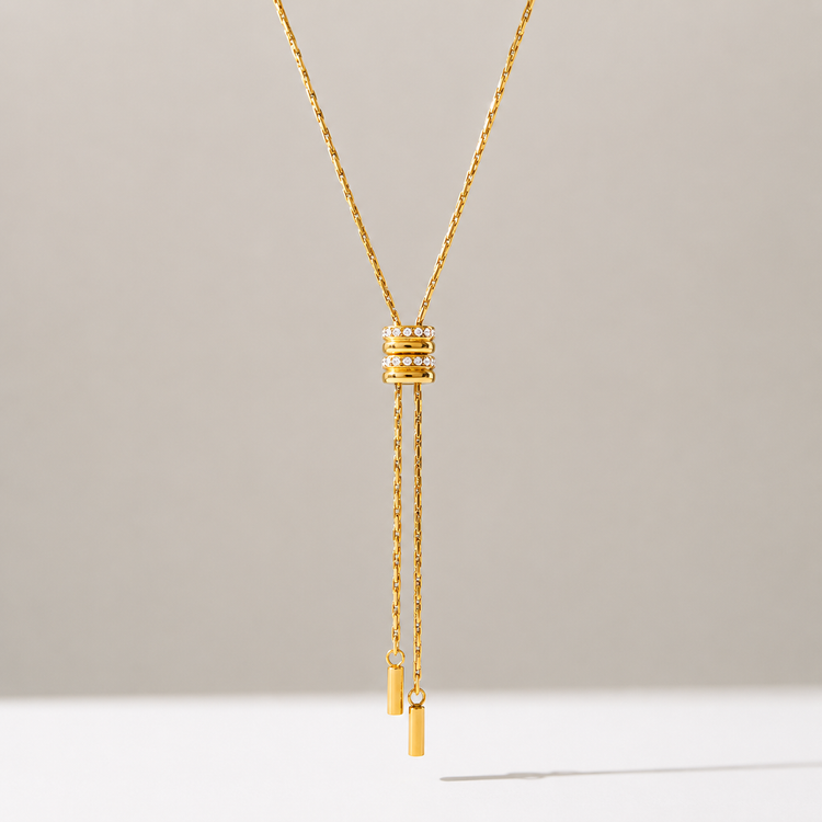 Front view of the Alana Slider Long Necklace with adjustable pavé slider in gold.