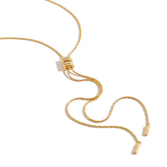 Alana Slider Long Necklace gold waterproof adjustable lariat necklace with crystal slider on white background