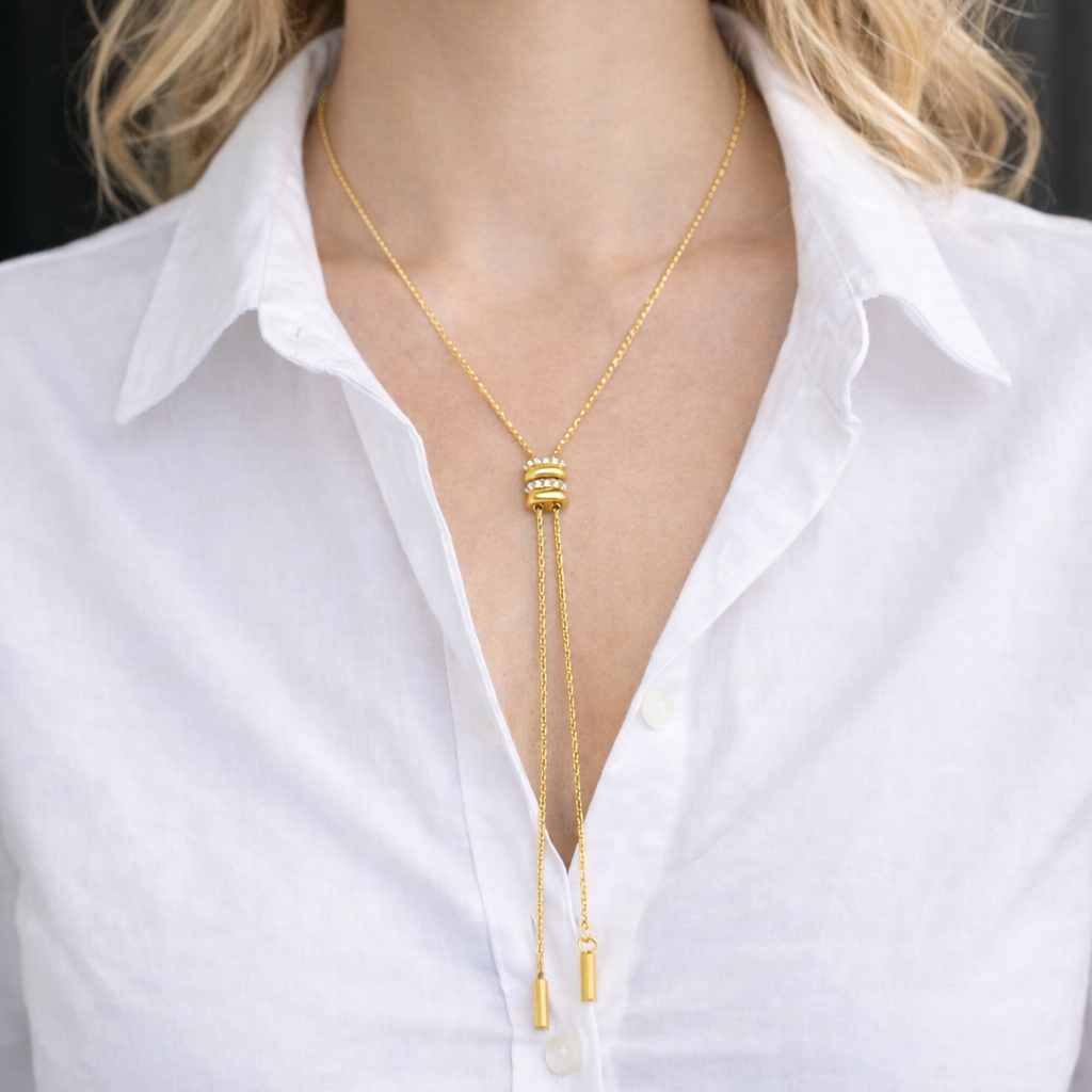 Model wearing Alana Slider Long Necklace with white button down shirt