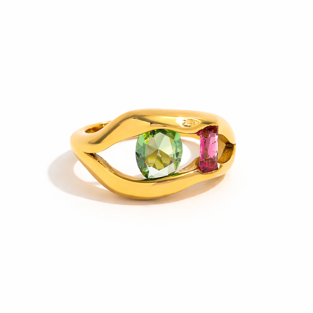 Gold Alissa statement ring with green and pink stones on white background showing 13mm size detail