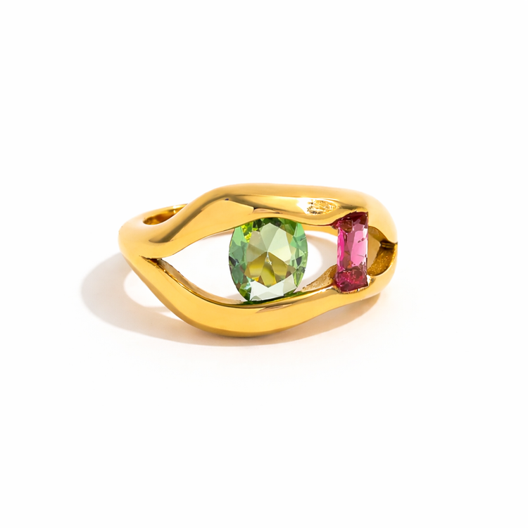 Gold Alissa statement ring with green and pink stones on white background showing 13mm size detail