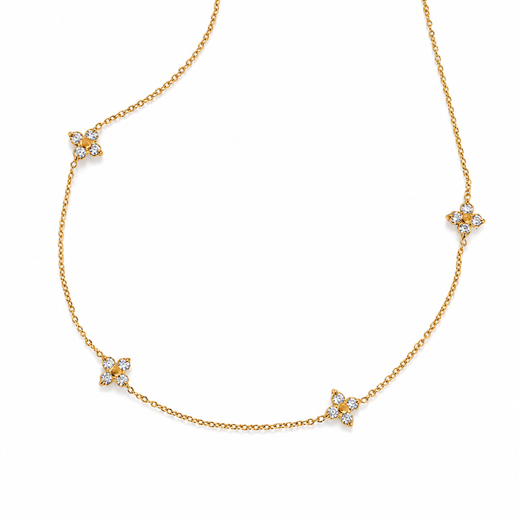 Ari Floral Necklace featuring sparkling cubic zirconia flower stations on a waterproof 18K gold PVD chain