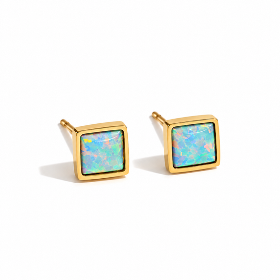 Pair of Autumn Opal Square Stud Earrings featuring blue-green opal stones in gold-tone square settings.