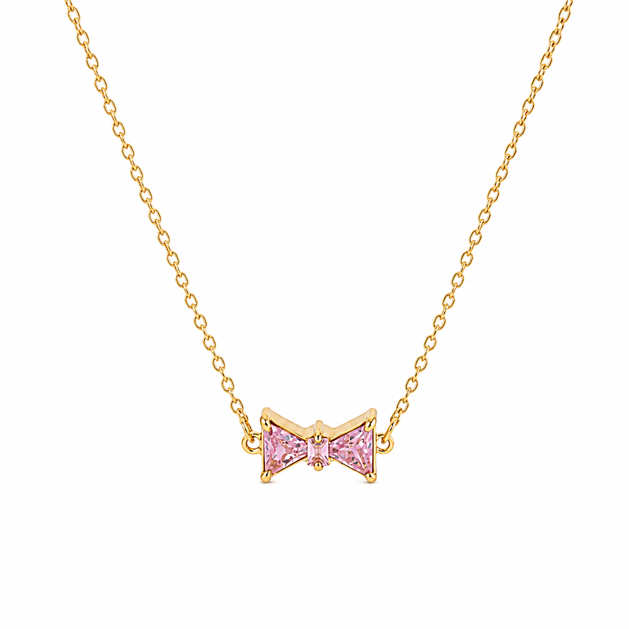 Bow Rhinestone Necklace with pink rhinestone accents on a gold chain