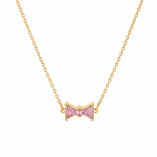 Bow Rhinestone Necklace with pink rhinestone accents on a gold chain