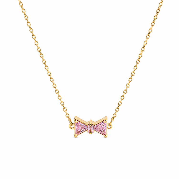 Bow Rhinestone Necklace with pink rhinestone accents on a gold chain