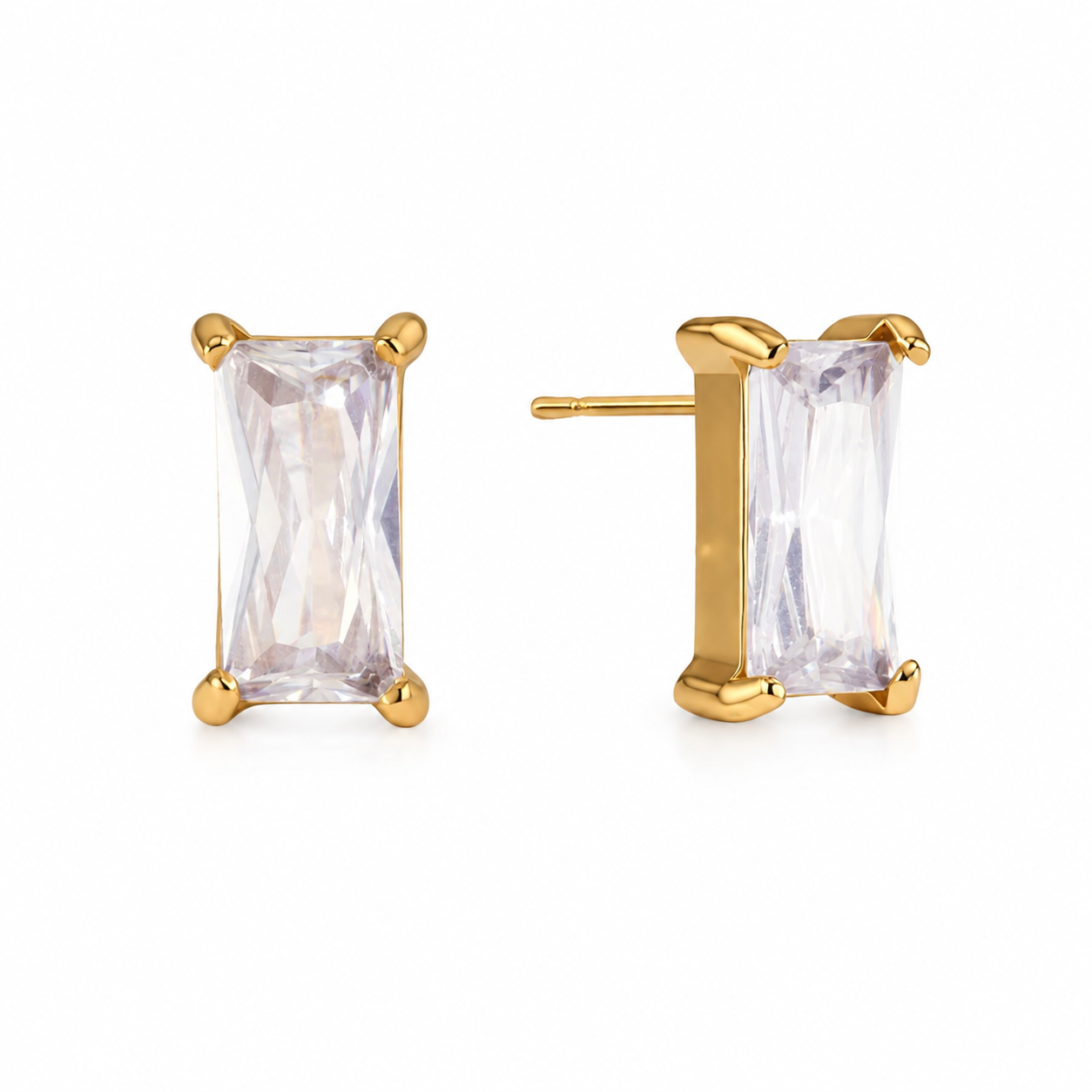 Waterproof gold stud earrings featuring emerald-cut clear cubic zirconia shown from front and side.
