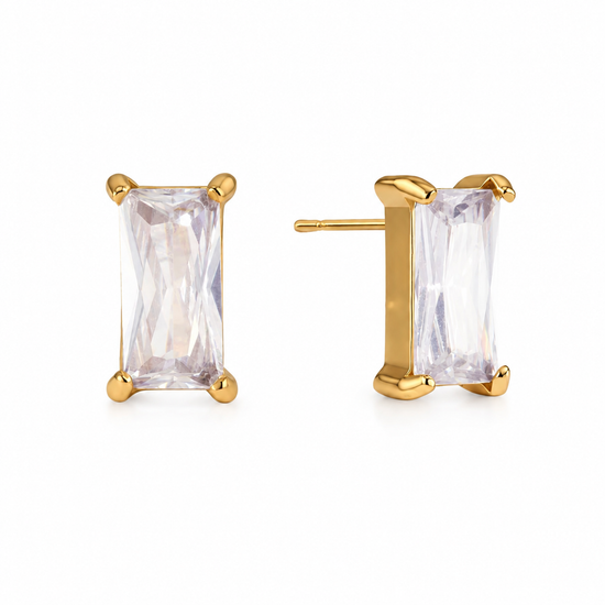 Waterproof gold stud earrings featuring emerald-cut clear cubic zirconia shown from front and side.
