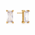 Waterproof gold stud earrings featuring emerald-cut clear cubic zirconia shown from front and side.