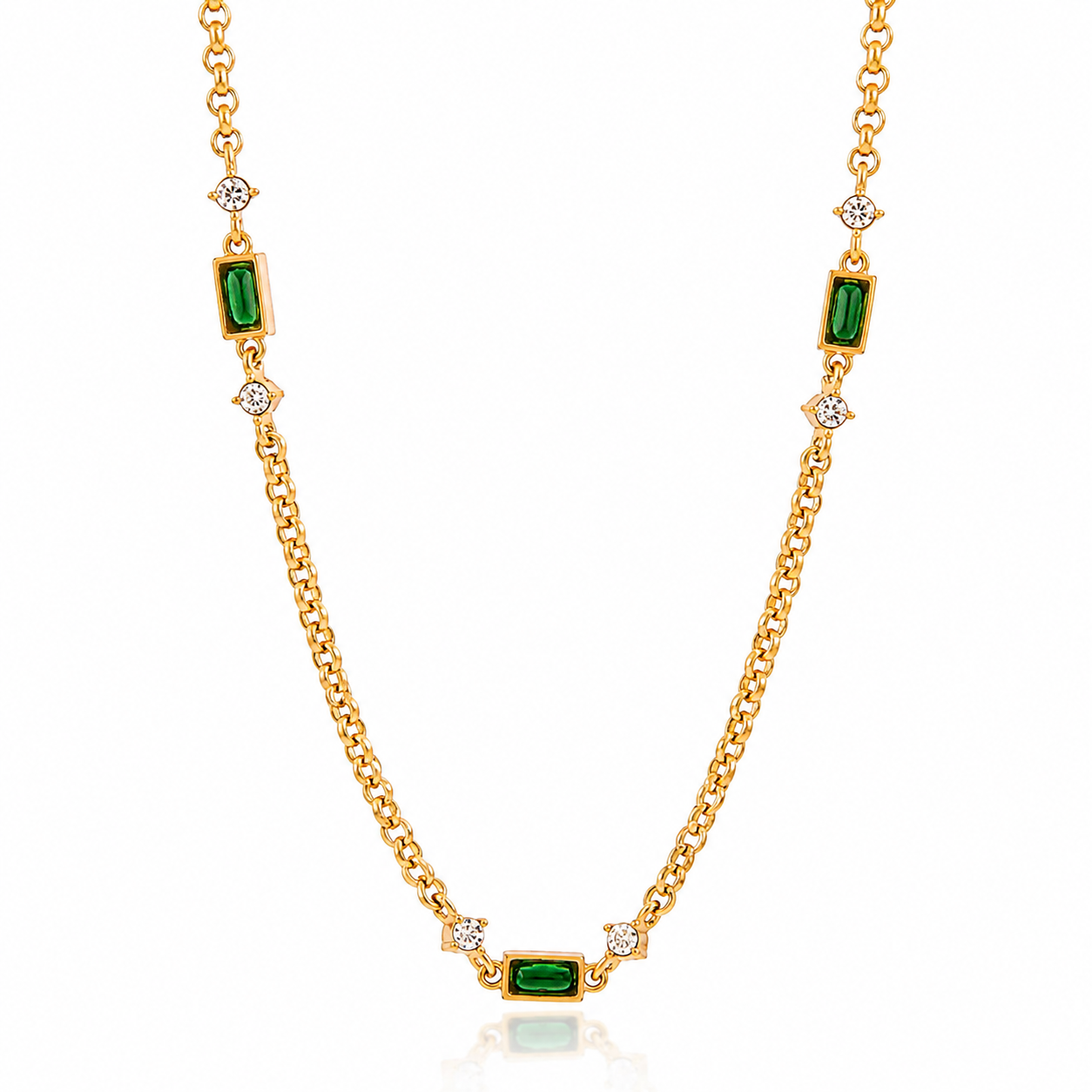 Brielle waterproof gold necklace featuring emerald-green baguette stones and sparkling cubic zirconia accents
