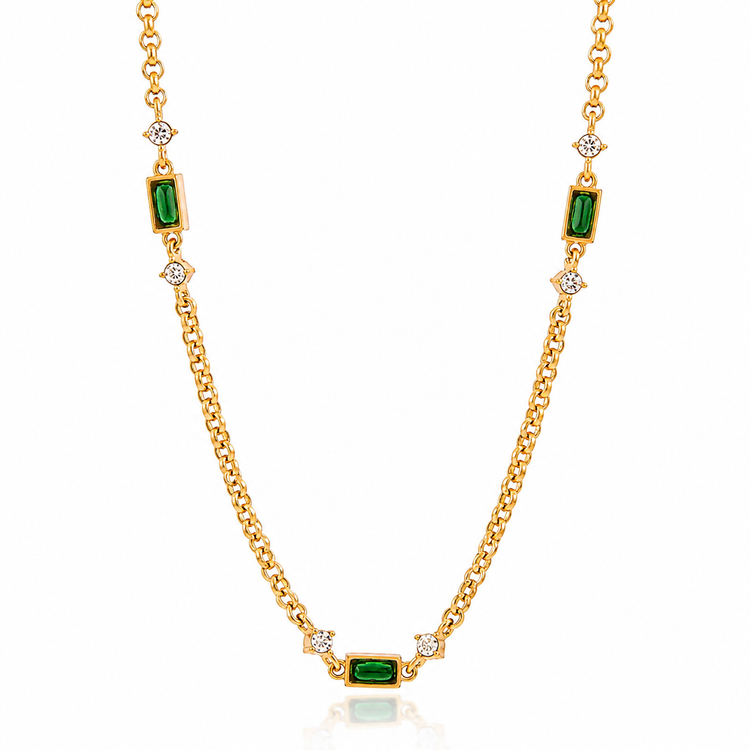 Brielle waterproof gold necklace featuring emerald-green baguette stones and sparkling cubic zirconia accents