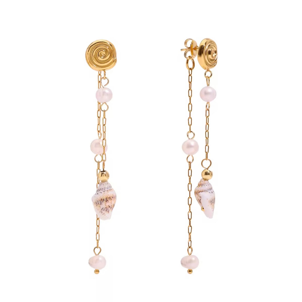 	Gold spiral earrings with freshwater pearls and conch shell charm