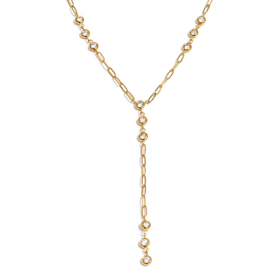 Gold Celeste Drop Necklace in a lariat Y-style design with bezel-set cubic zirconia stones, waterproof and non-tarnish jewelry by XMTX Collections