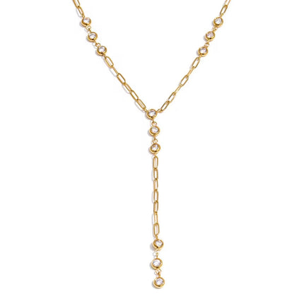 Gold Celeste Drop Necklace in a lariat Y-style design with bezel-set cubic zirconia stones, waterproof and non-tarnish jewelry by XMTX Collections