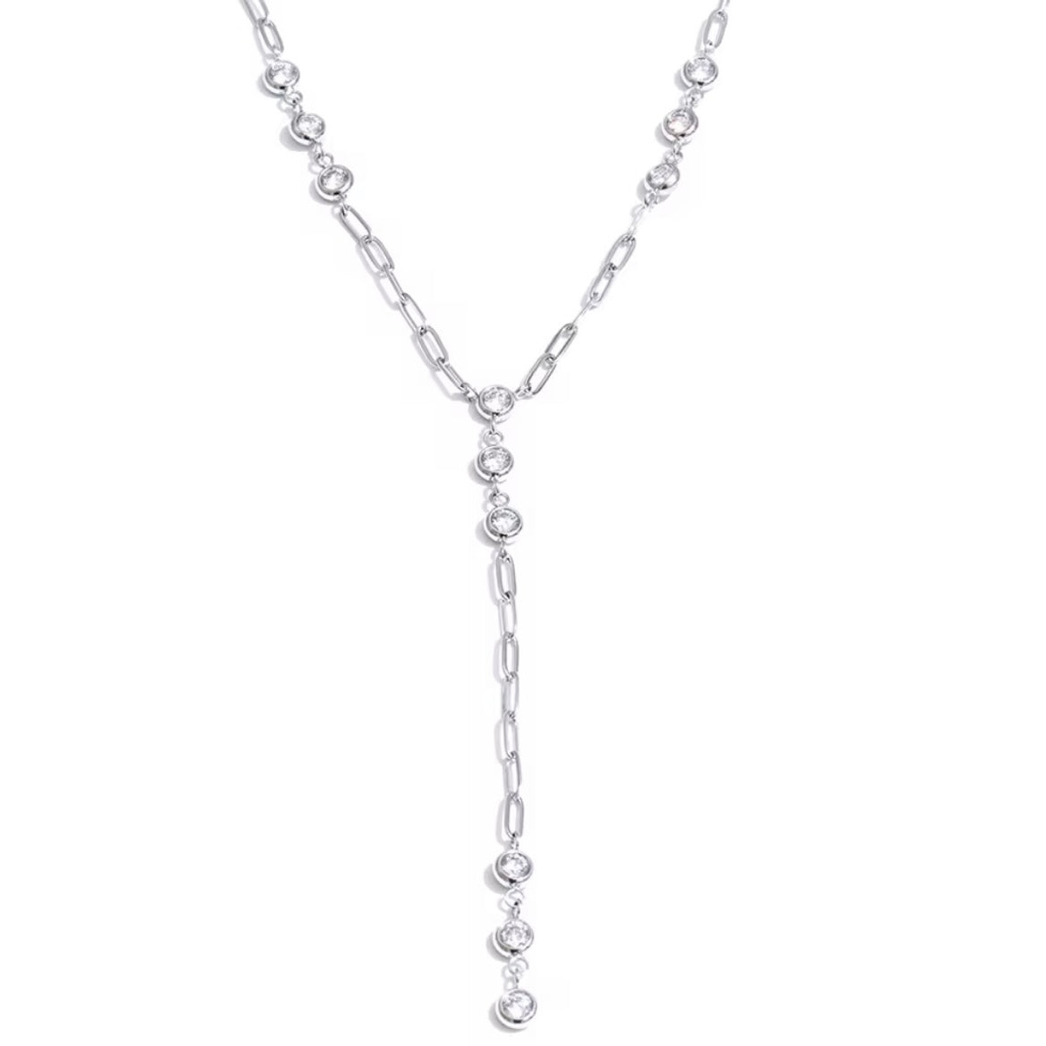 Silver Celeste Drop Necklace featuring a lariat-style Y chain with bezel-set cubic zirconia accents, hypoallergenic waterproof jewelry from XMTX Collections