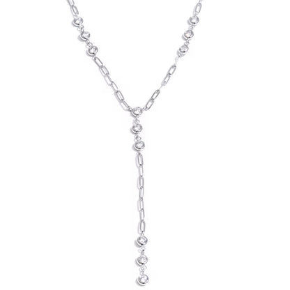 Silver Celeste Drop Necklace featuring a lariat-style Y chain with bezel-set cubic zirconia accents, hypoallergenic waterproof jewelry from XMTX Collections