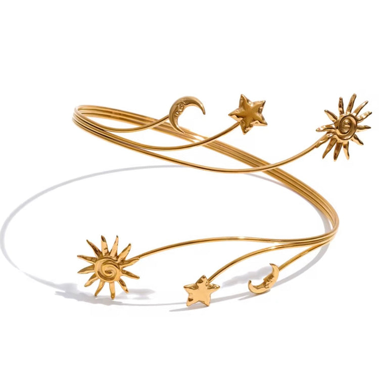 Gold Celestial Upper Arm Cuff Bracelet featuring sun moon and star design in waterproof stainless steel.