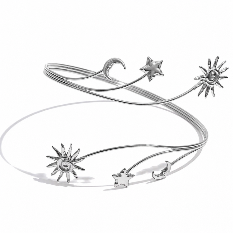 Silver Celestial Upper Arm Cuff Bracelet featuring sun moon and star design in polished stainless steel