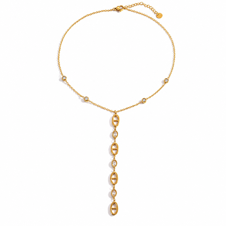 Waterproof non tarnish gold lariat necklace with bezel-set cubic zirconia accents and elegant drop design.