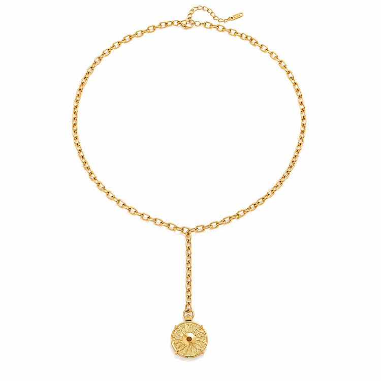 Dawn waterproof gold lariat necklace with sun pendant on white background