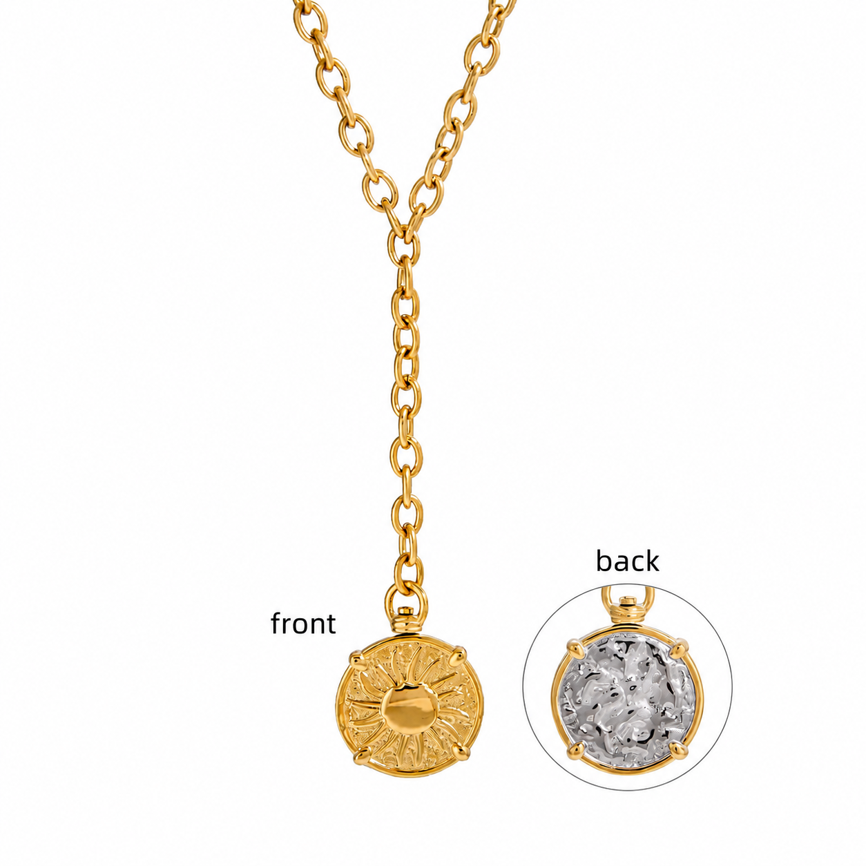 Dawn waterproof gold lariat necklace with sun pendant on white background